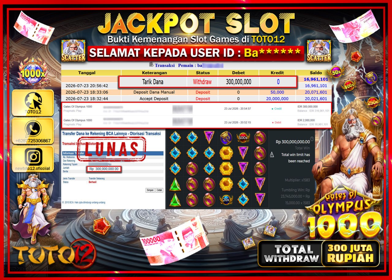 HANYA DI TOTO12 JP PASTI DI BAYAR LUNAS DAN CEPAT!!!!!! JACKPOT SLOT GAME (GATES OF OLYMPUS 1000) Rp300.000.000!!!!
