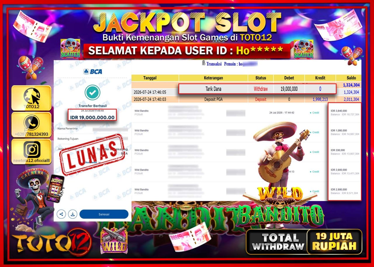 HANYA DI TOTO12 JP PASTI DI BAYAR LUNAS DAN CEPAT!!!!!! JACKPOT SLOT GAME (WILD BANDITO) Rp19.000.000!!!!