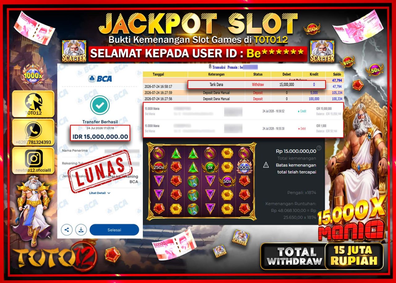 HANYA DI TOTO12 JP PASTI DI BAYAR LUNAS DAN CEPAT!!!!!! JACKPOT SLOT GAME (15.000 X MANIA) Rp15.000.000!!!!