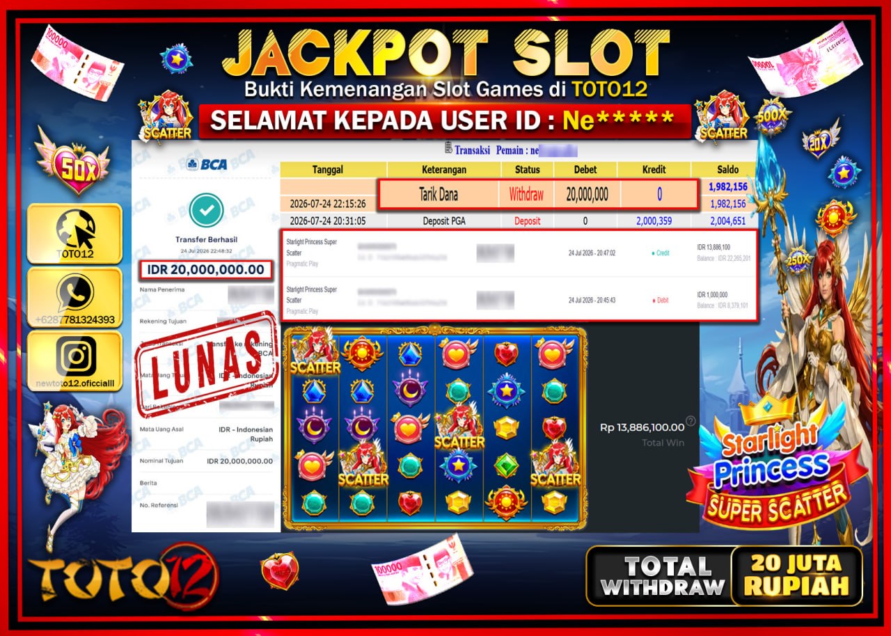 HANYA DI TOTO12 JP PASTI DI BAYAR LUNAS DAN CEPAT!!!!!! JACKPOT SLOT GAME (STARLIGHT PRINCESS SUPER SCATTER) Rp20.000.000!!!!