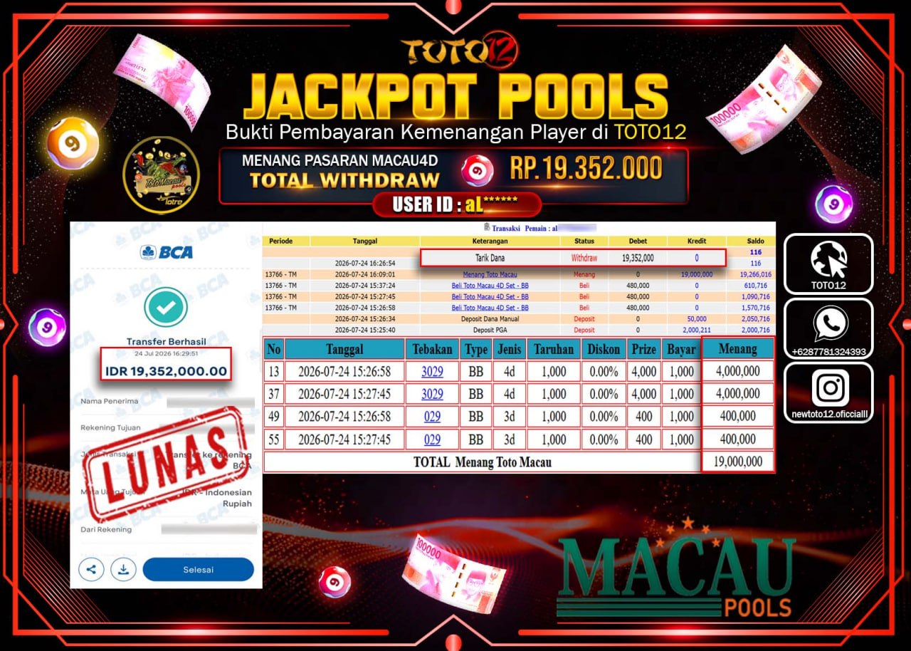 HANYA DI TOTO12 JP PASTI DI BAYAR LUNAS DAN CEPAT!!!!!! JACKPOT POOLS PASARAN (MACAU 4D) Rp19.352.000!!!!