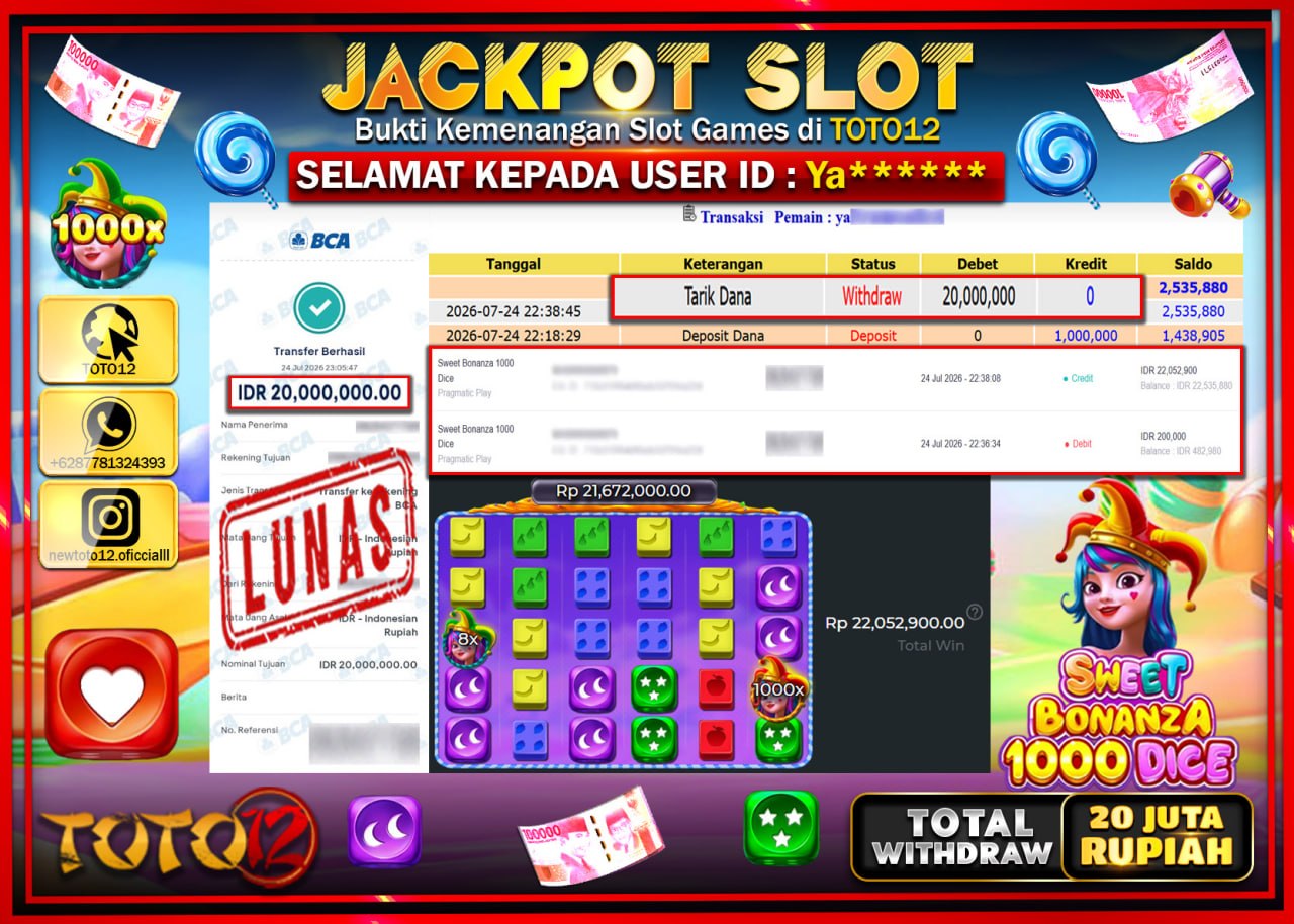 HANYA DI TOTO12 JP PASTI DI BAYAR LUNAS DAN CEPAT!!!!!! JACKPOT SLOT GAME (SWEET BONANZA 1000 DICE) Rp20.000.000!!!!