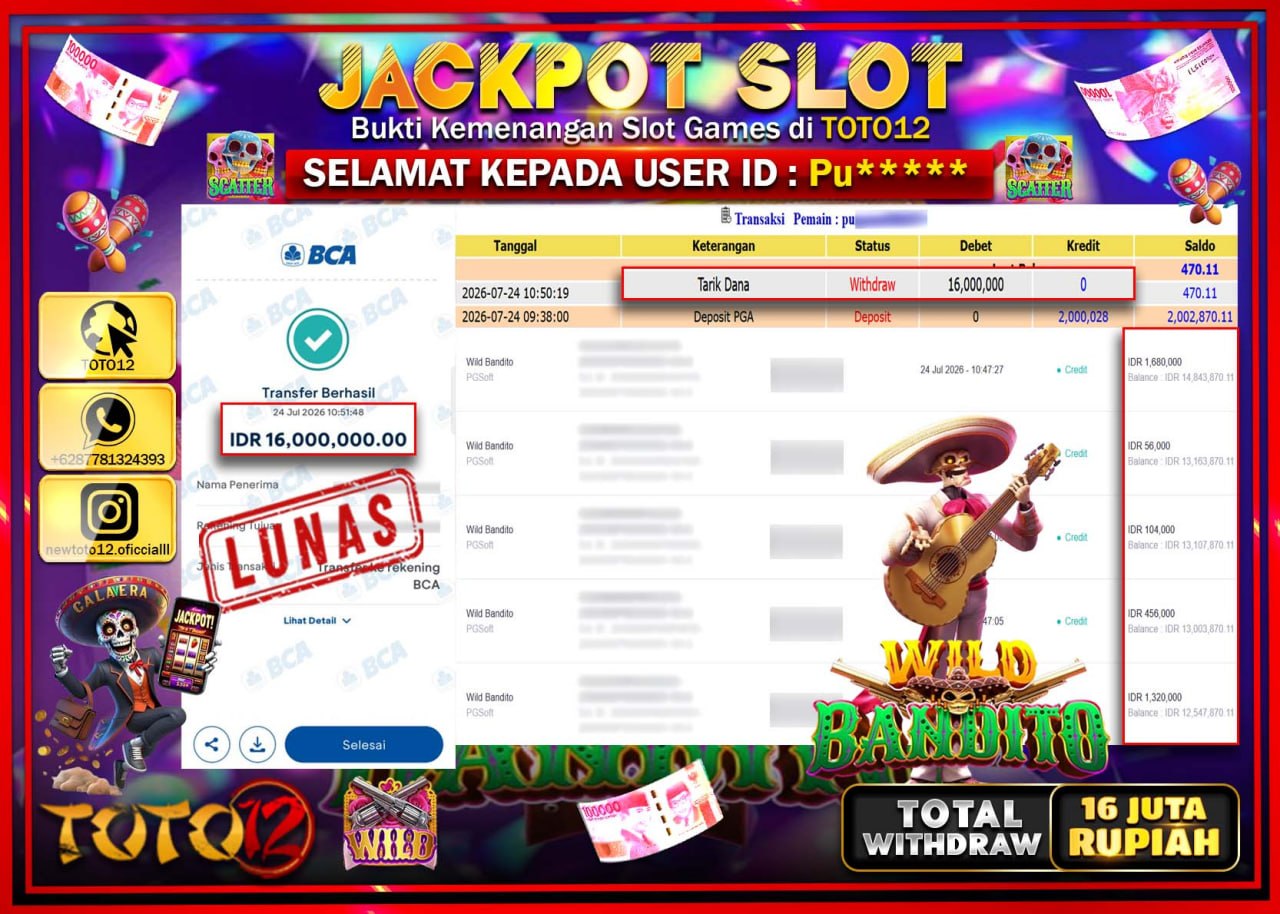HANYA DI TOTO12 JP PASTI DI BAYAR LUNAS DAN CEPAT!!!!!! JACKPOT SLOT GAME (WILD BANDITO) Rp16.000.000!!!!