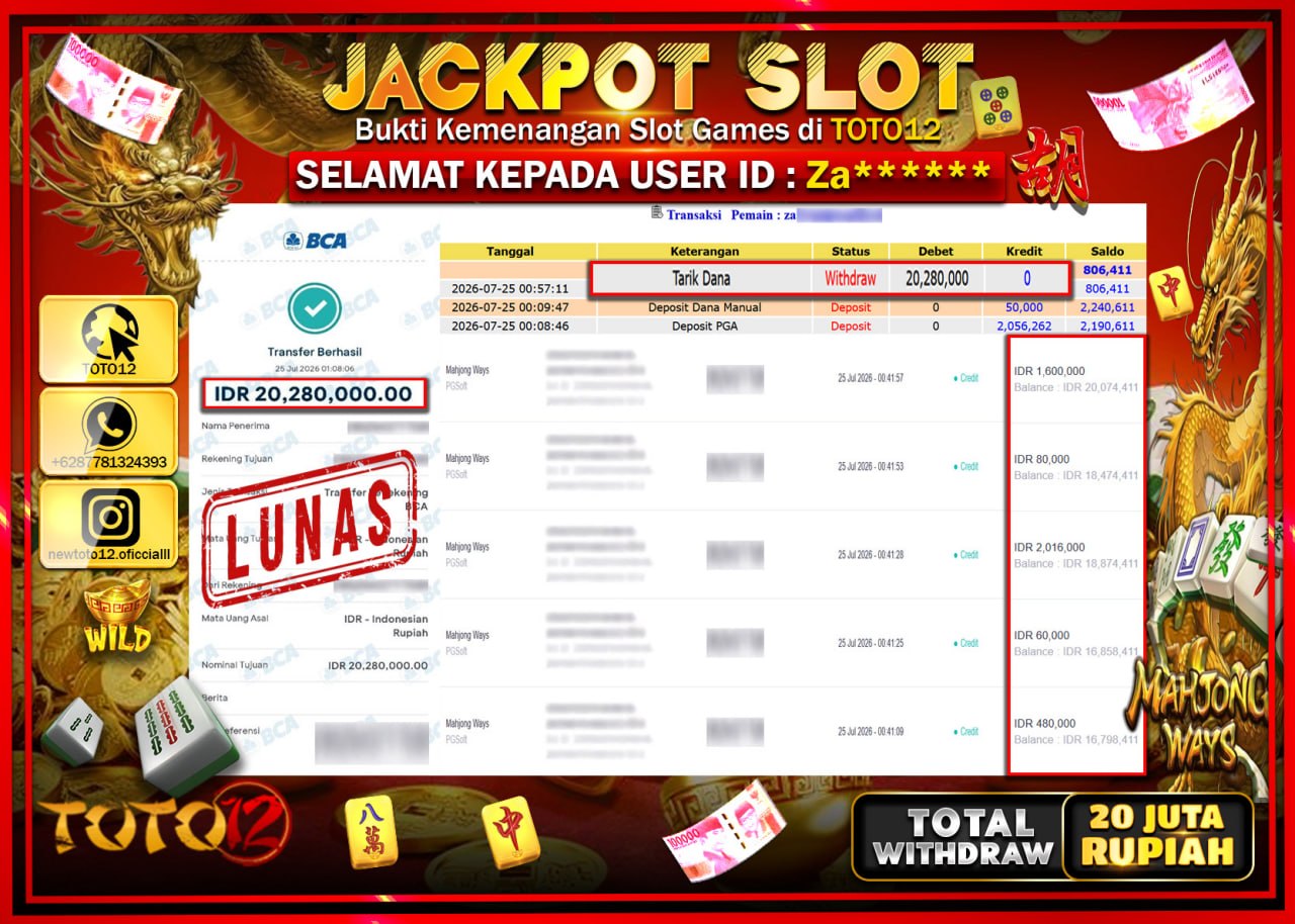 HANYA DI TOTO12 JP PASTI DI BAYAR LUNAS DAN CEPAT!!!!!! JACKPOT SLOT GAME (MAHJONG WAYS) Rp20.280.000!!!!