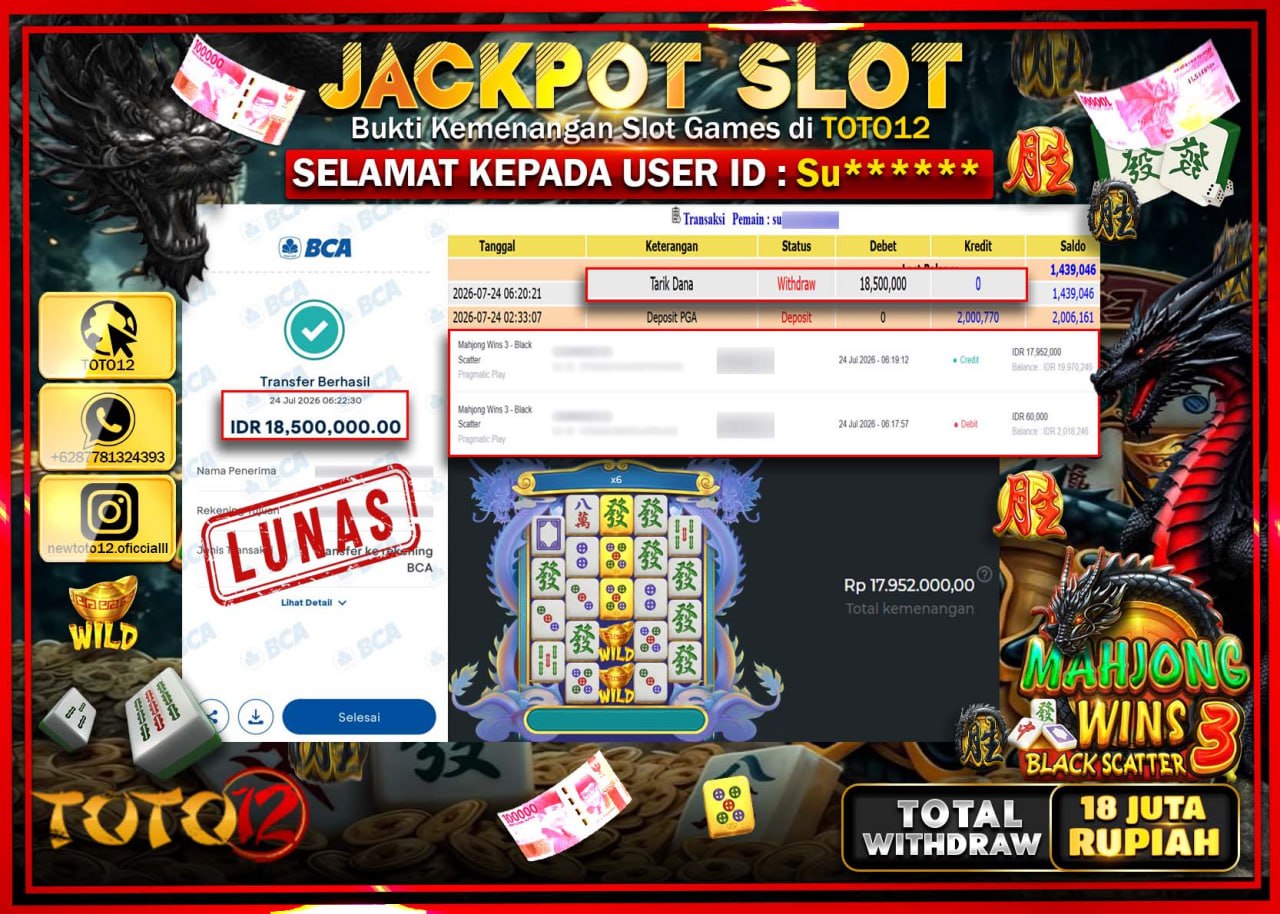HANYA DI TOTO12 JP PASTI DI BAYAR LUNAS DAN CEPAT!!!!!! JACKPOT SLOT GAME (MAHJONG WINS 3 BLACK SCATTER) Rp18.500.000!!!!