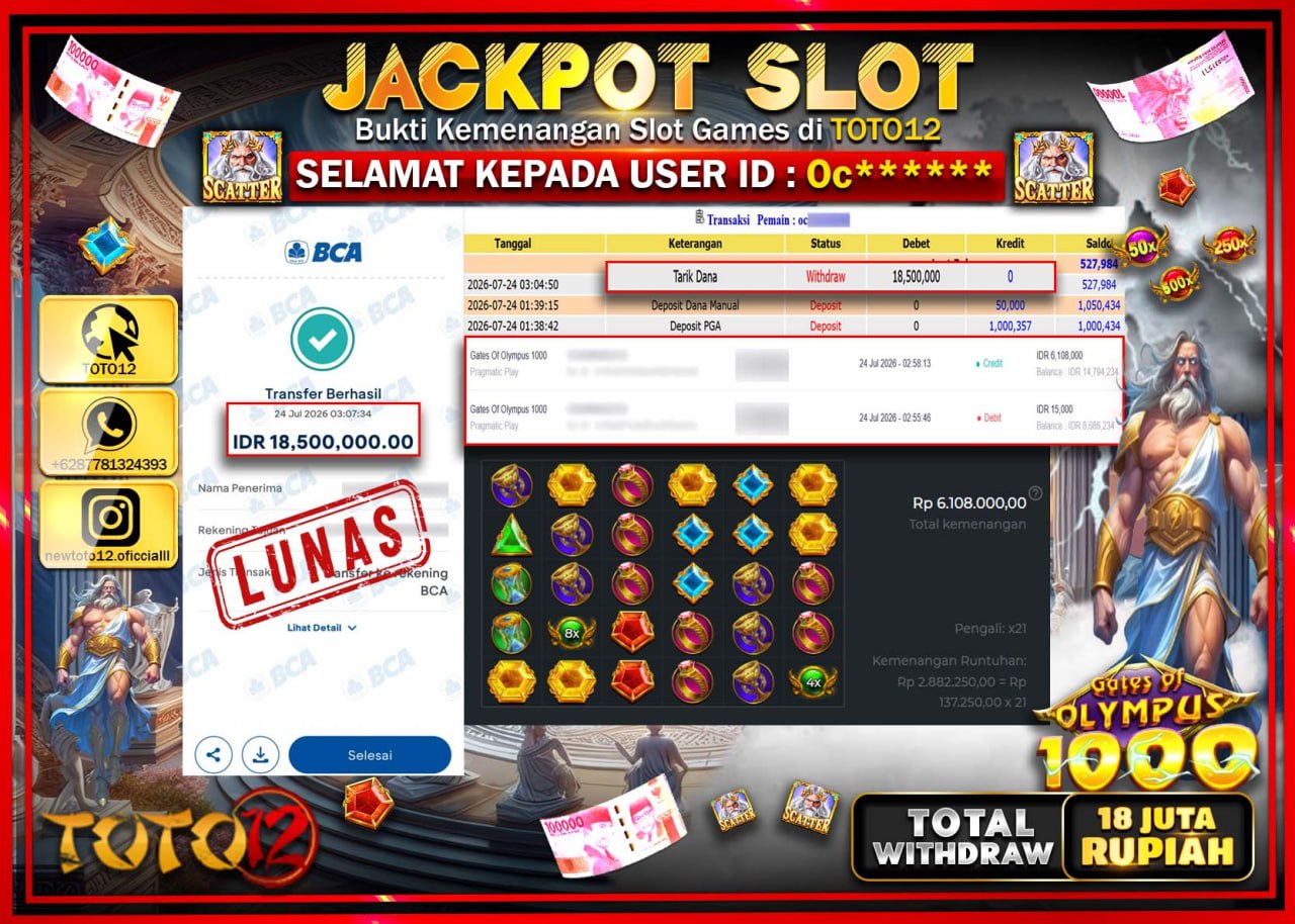 HANYA DI TOTO12 JP PASTI DI BAYAR LUNAS DAN CEPAT!!!!!! JACKPOT SLOT GAME (GATES OF OLYMPUS 1000) Rp18.500.000!!!!