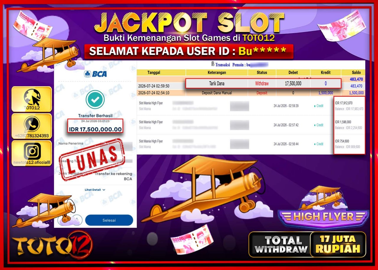 HANYA DI TOTO12 JP PASTI DI BAYAR LUNAS DAN CEPAT!!!!!! JACKPOT SLOT GAME (HIGH FLYER) Rp17.500.000!!!!