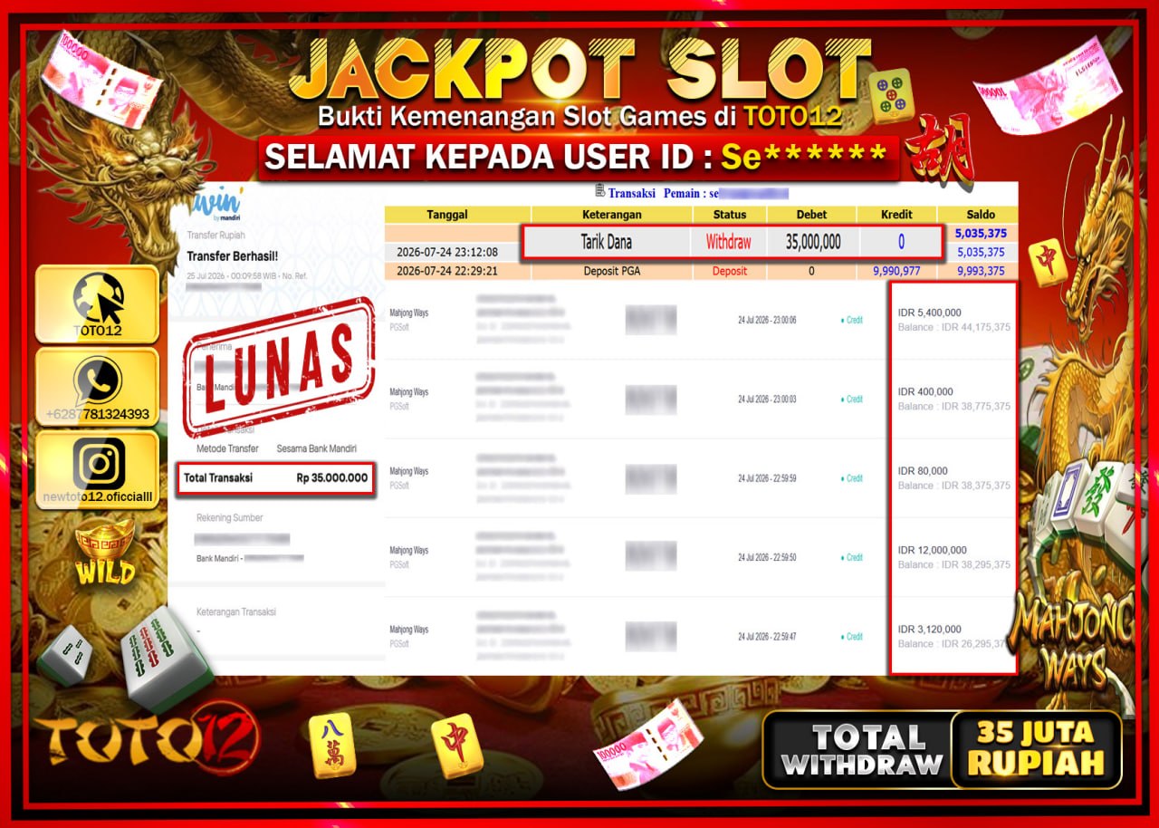 HANYA DI TOTO12 JP PASTI DI BAYAR LUNAS DAN CEPAT!!!!!! JACKPOT SLOT GAME (MAHJONG WAYS) Rp35.000.000!!!!