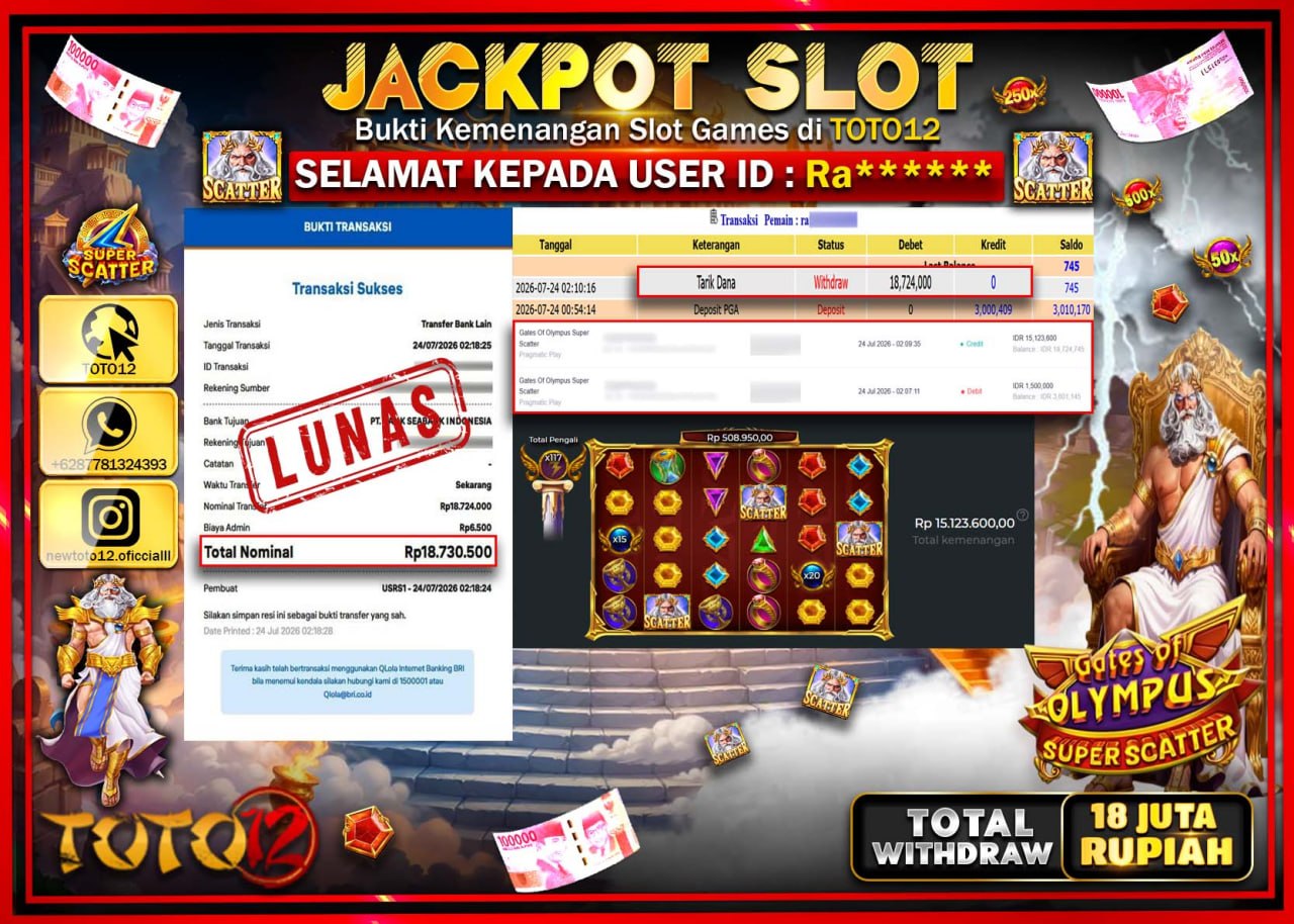 HANYA DI TOTO12 JP PASTI DI BAYAR LUNAS DAN CEPAT!!!!!! JACKPOT SLOT GAME (GATES OF OLYMPUS SUPER SCATTER) Rp18.724.000!!!!
