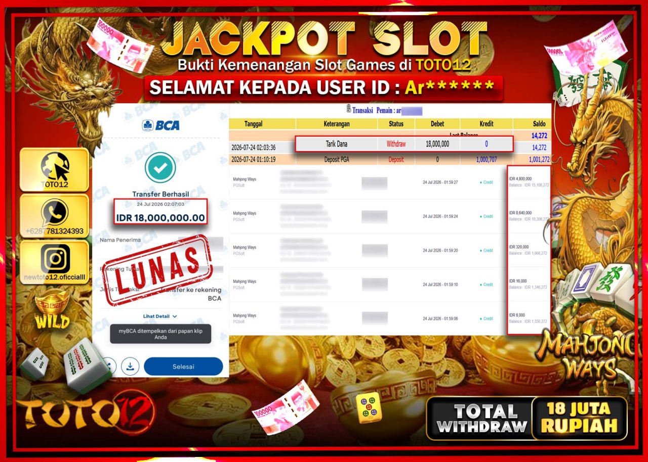 HANYA DI TOTO12 JP PASTI DI BAYAR LUNAS DAN CEPAT!!!!!! JACKPOT SLOT GAME (MAHJONG WAYS) Rp18.000.000!!!!