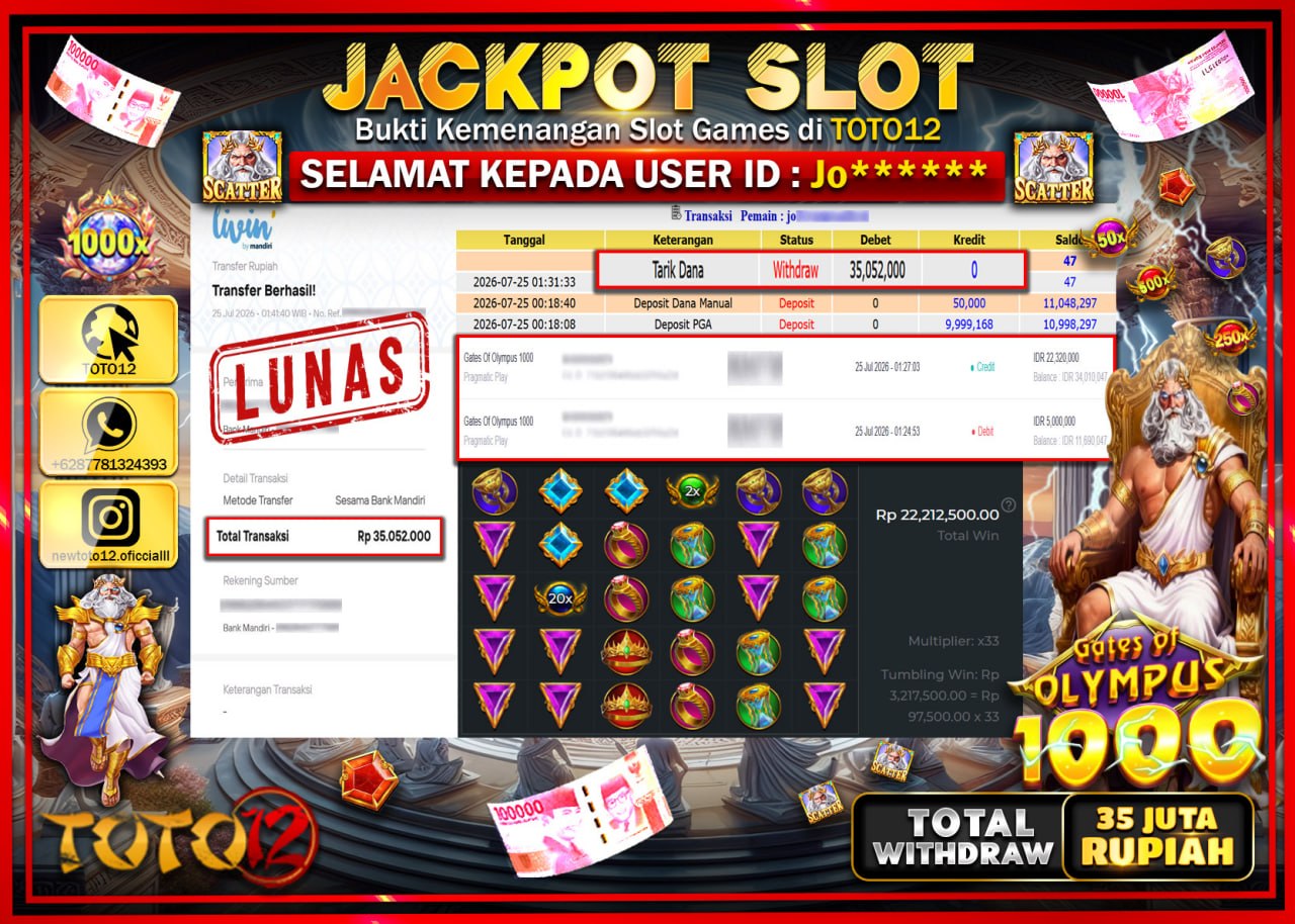 HANYA DI TOTO12 JP PASTI DI BAYAR LUNAS DAN CEPAT!!!!!! JACKPOT SLOT GAME (GATES OF OLYMPUS 1000) Rp35.052.000!!!!