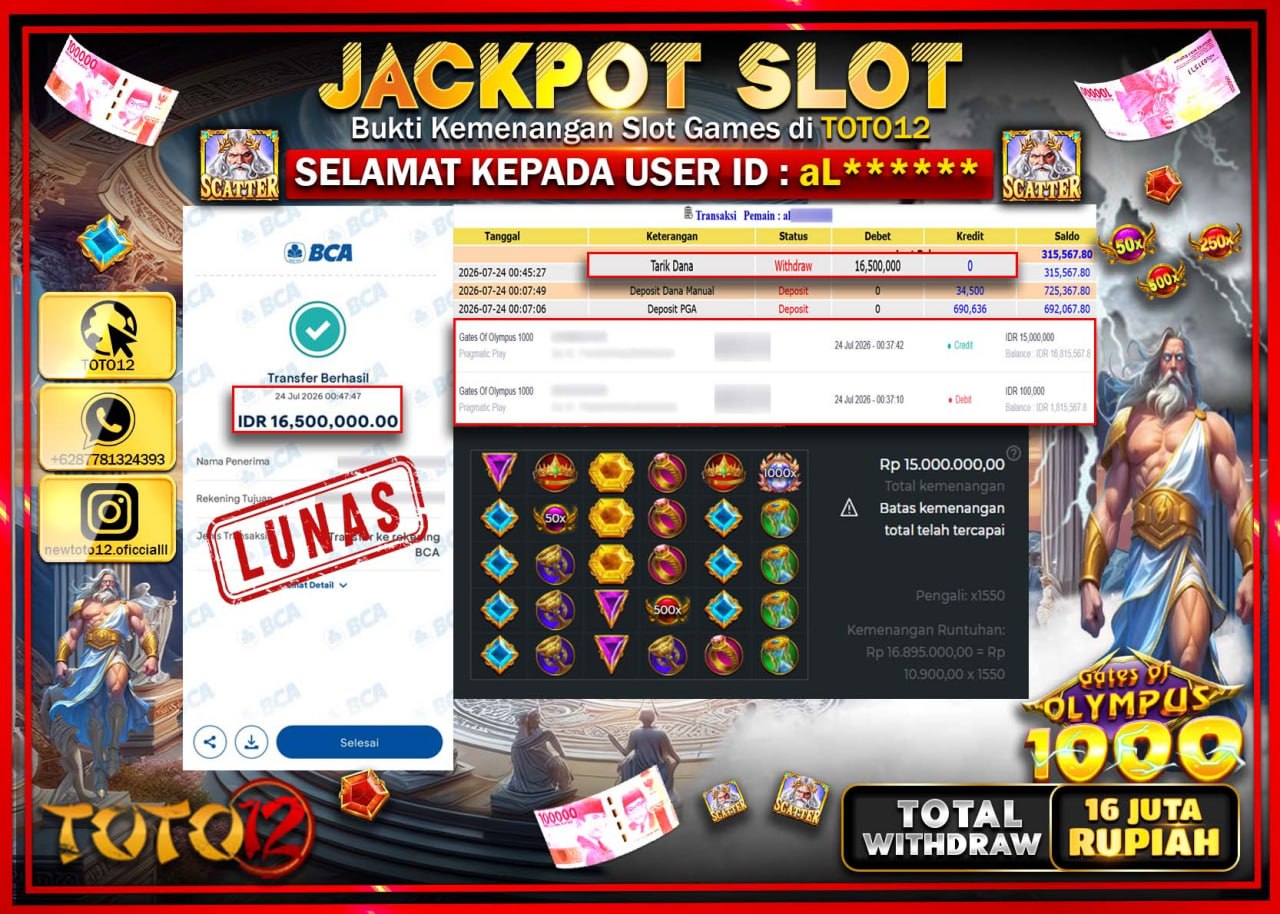 HANYA DI TOTO12 JP PASTI DI BAYAR LUNAS DAN CEPAT!!!!!! JACKPOT SLOT GAME (GATES OF OLYMPUS 1000) Rp16.500.000!!!!