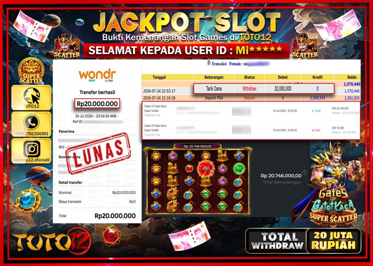 HANYA DI TOTO12 JP PASTI DI BAYAR LUNAS DAN CEPAT!!!!!! JACKPOT SLOT GAME (GATES OF GATOTKACA SUPER SCATTER) Rp20.000.000!!!!