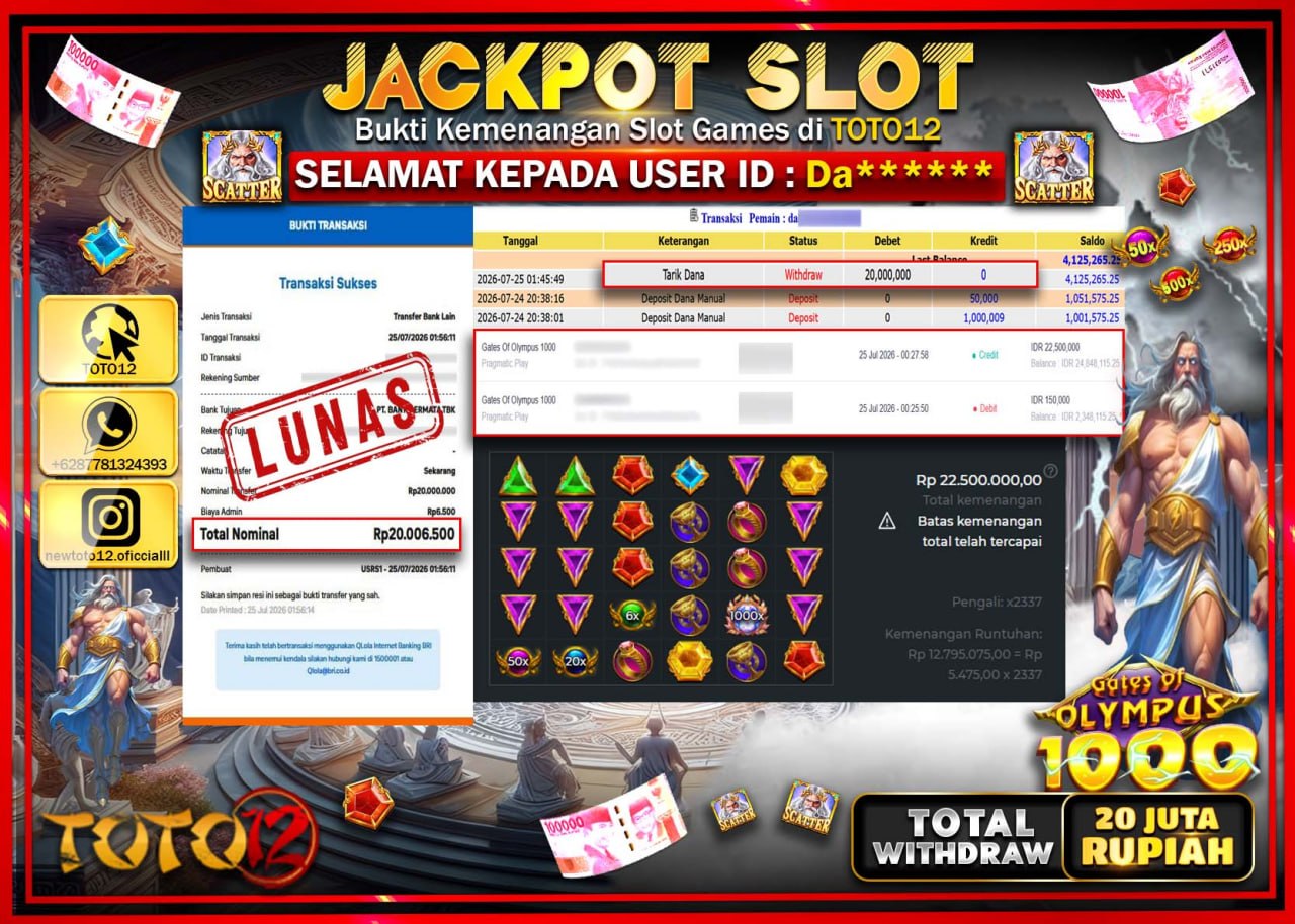 HANYA DI TOTO12 JP PASTI DI BAYAR LUNAS DAN CEPAT!!!!!! JACKPOT SLOT GAME (GATES OF OLYMPUS 1000) Rp20.000.000!!!!