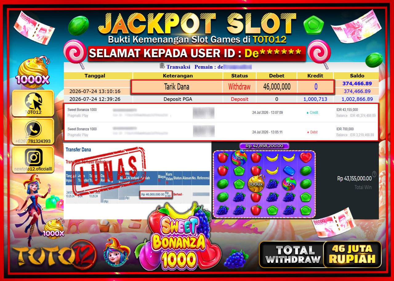 HANYA DI TOTO12 JP PASTI DI BAYAR LUNAS DAN CEPAT!!!!!! JACKPOT SLOT GAME (SWEET BONANZA 1000) Rp46.000.000!!!!