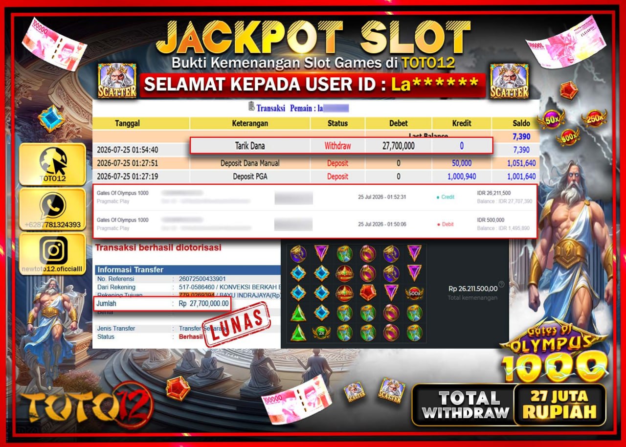 HANYA DI TOTO12 JP PASTI DI BAYAR LUNAS DAN CEPAT!!!!!! JACKPOT SLOT GAME (GATES OF OLYMPUS 1000) Rp27.700.000!!!!