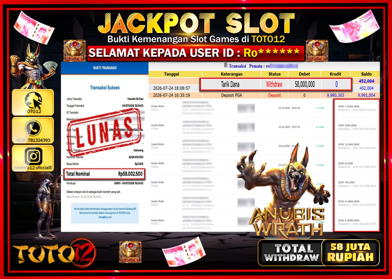 HANYA DI TOTO12 JP PASTI DI BAYAR LUNAS DAN CEPAT!!!!!! JACKPOT SLOT GAME (ANUBIS WRATH) Rp58.000.000!!!!