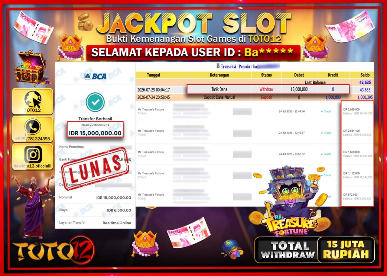 HANYA DI TOTO12 JP PASTI DI BAYAR LUNAS DAN CEPAT!!!!!! JACKPOT SLOT GAME (MR TREASURES FORTUNE) Rp15.000.000!!!!