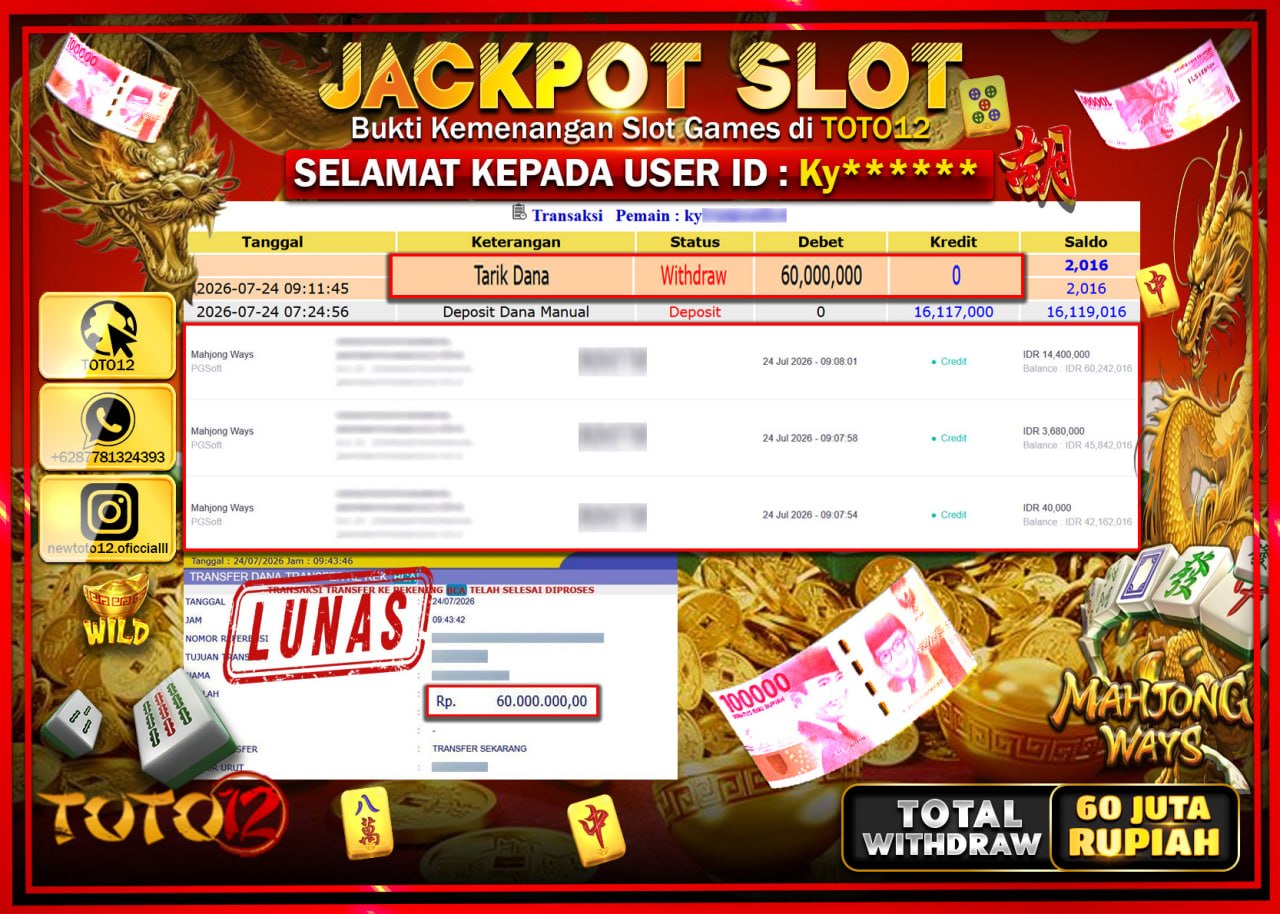 HANYA DI TOTO12 JP PASTI DI BAYAR LUNAS DAN CEPAT!!!!!! JACKPOT SLOT GAME (MAHJONG WAYS) Rp60.000.000!!!!