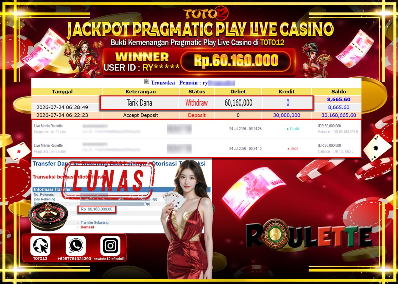 HANYA DI TOTO12 JP PASTI DI BAYAR LUNAS DAN CEPAT!!!!!! JACKPOT PRAGMATIC PLAY LIVE GAME CASINO (LIVE MANIA ROULLETE) Rp60.160.000!!!!