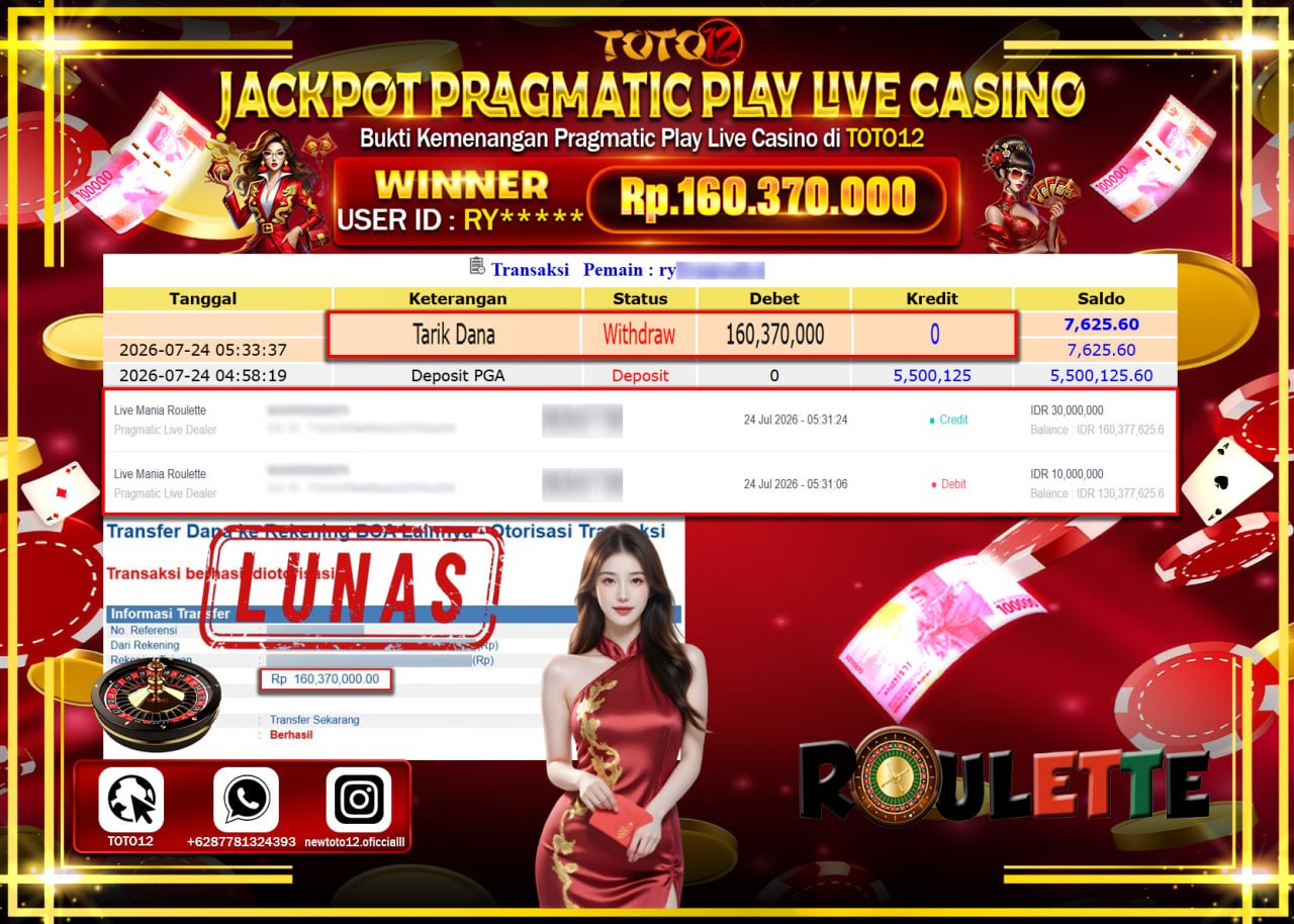 HANYA DI TOTO12 JP PASTI DI BAYAR LUNAS DAN CEPAT!!!!!! JACKPOT PRAGMATIC PLAY LIVE GAME CASINO (LIVE MANIA ROULLETE) Rp160.370.000!!!!
