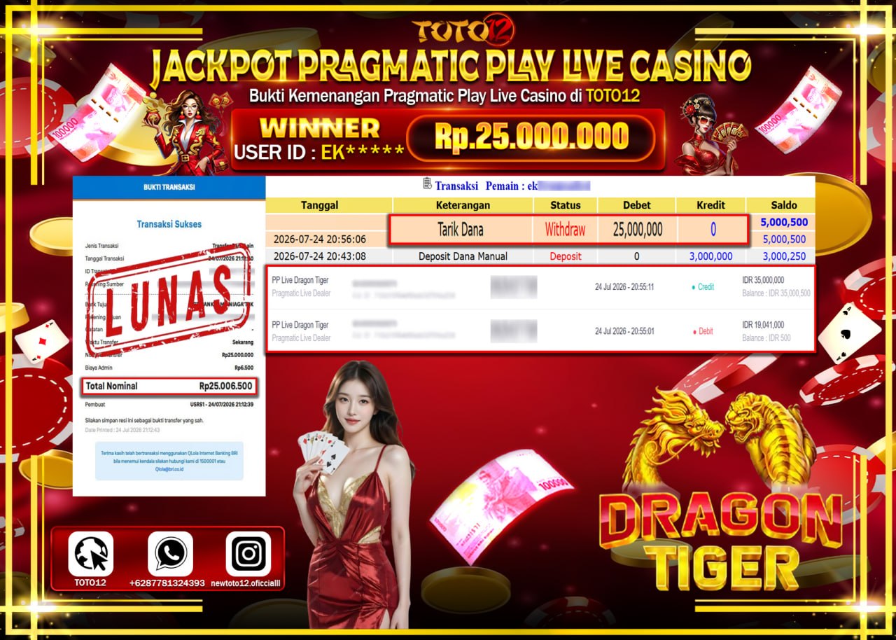 HANYA DI TOTO12 JP PASTI DI BAYAR LUNAS DAN CEPAT!!!!!! JACKPOT PRAGMATIC PLAY LIVE GAME CASINO (PP LIVE DRAGON TIGER) Rp25.000.000!!!!