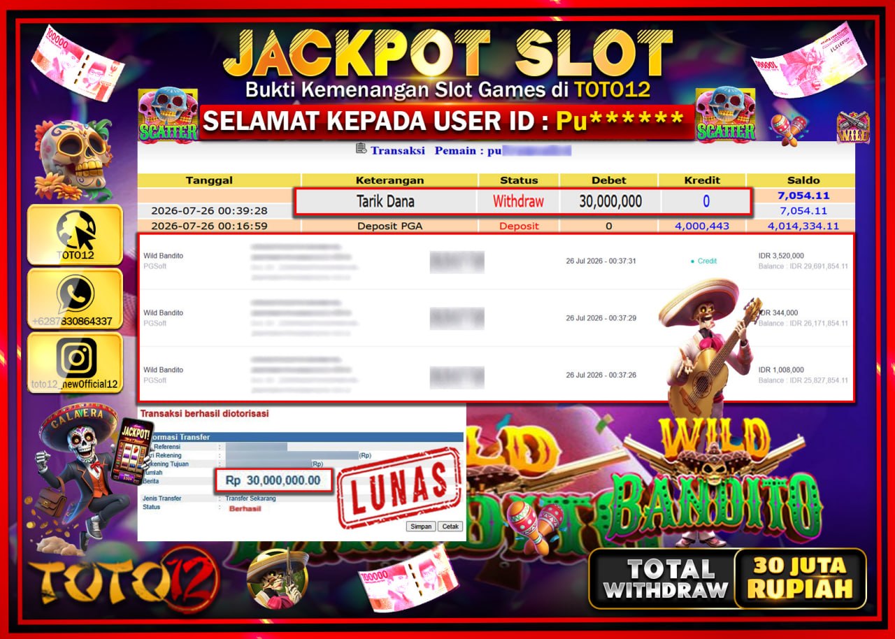 HANYA DI TOTO12 JP PASTI DI BAYAR LUNAS DAN CEPAT!!!!!! JACKPOT SLOT GAME (WILD BANDITO) Rp30.000.000!!!!