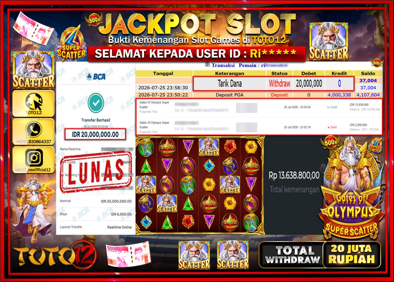 HANYA DI TOTO12 JP PASTI DI BAYAR LUNAS DAN CEPAT!!!!!! JACKPOT SLOT GAME (GATES OF OLYMPUS SUPER SCATTER) Rp20.000.000!!!!