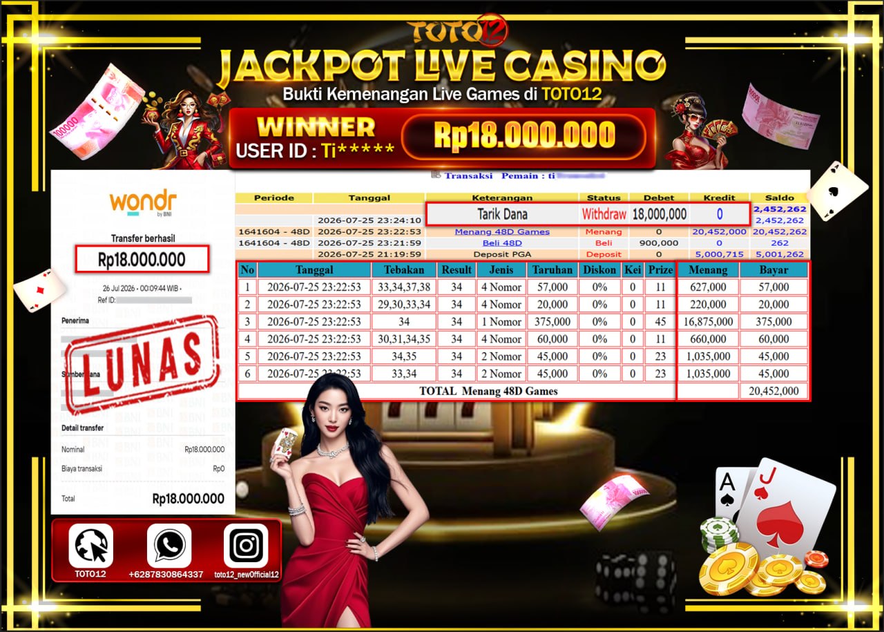 HANYA DI TOTO12 JP PASTI DI BAYAR LUNAS DAN CEPAT!!!!!! JACKPOT  LIVE GAME CASINO (48D) Rp18.000.000!!!!