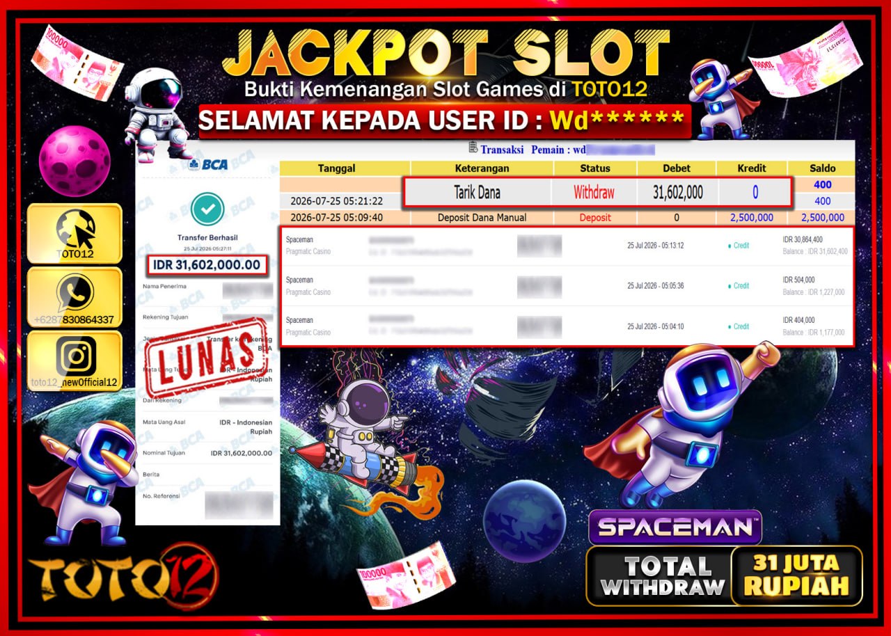 HANYA DI TOTO12 JP PASTI DI BAYAR LUNAS DAN CEPAT!!!!!! JACKPOT SLOT GAME (SPACEMAN) Rp31.602.000!!!!