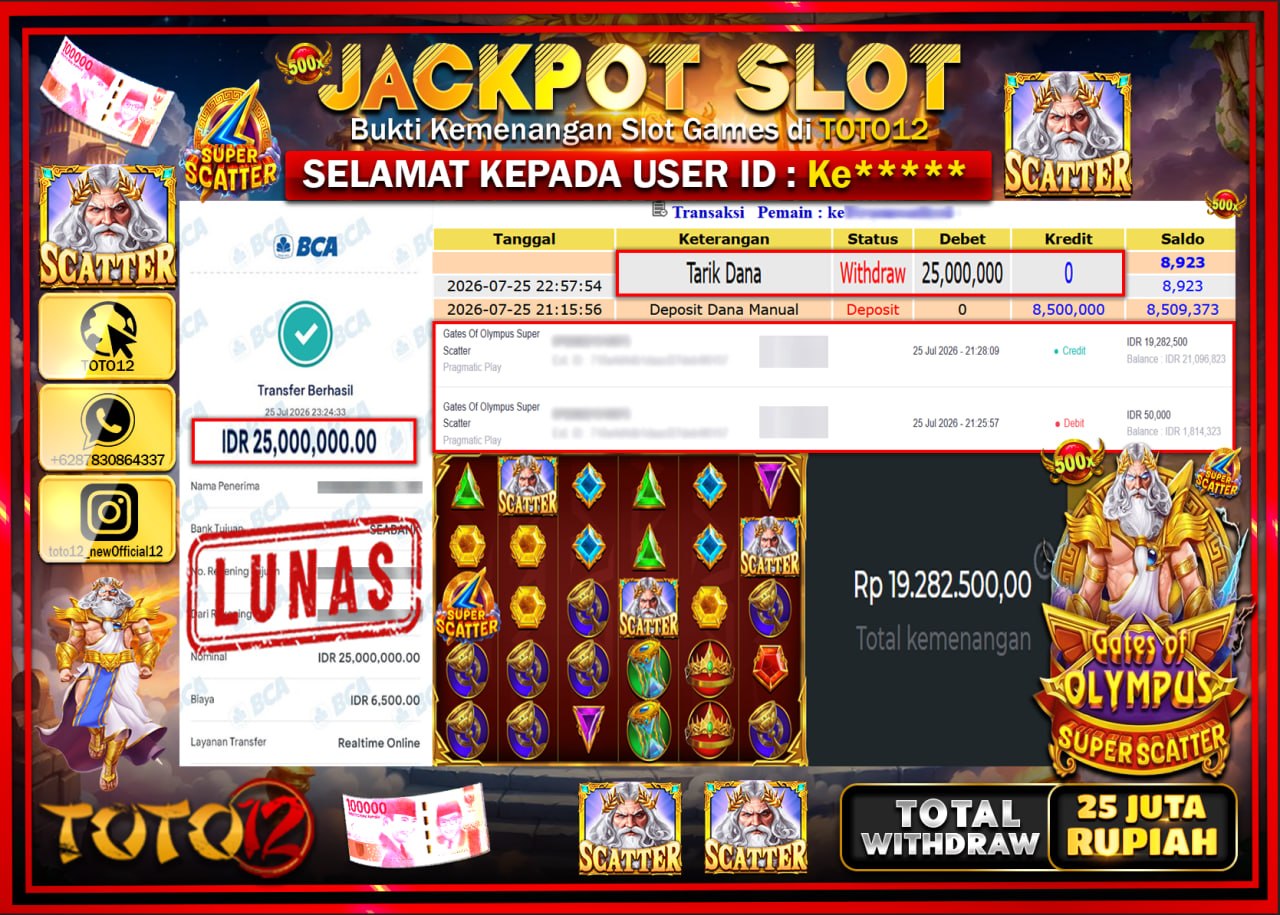 HANYA DI TOTO12 JP PASTI DI BAYAR LUNAS DAN CEPAT!!!!!! JACKPOT SLOT GAME (GATES OF OLYMPUS SUPER SCATTER) Rp25.000.000!!!!