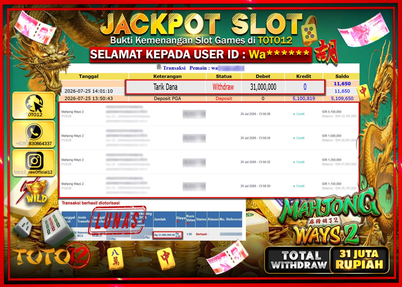 HANYA DI TOTO12 JP PASTI DI BAYAR LUNAS DAN CEPAT!!!!!! JACKPOT SLOT GAME (MAHJONG WAYS 2) Rp31.000.000!!!!