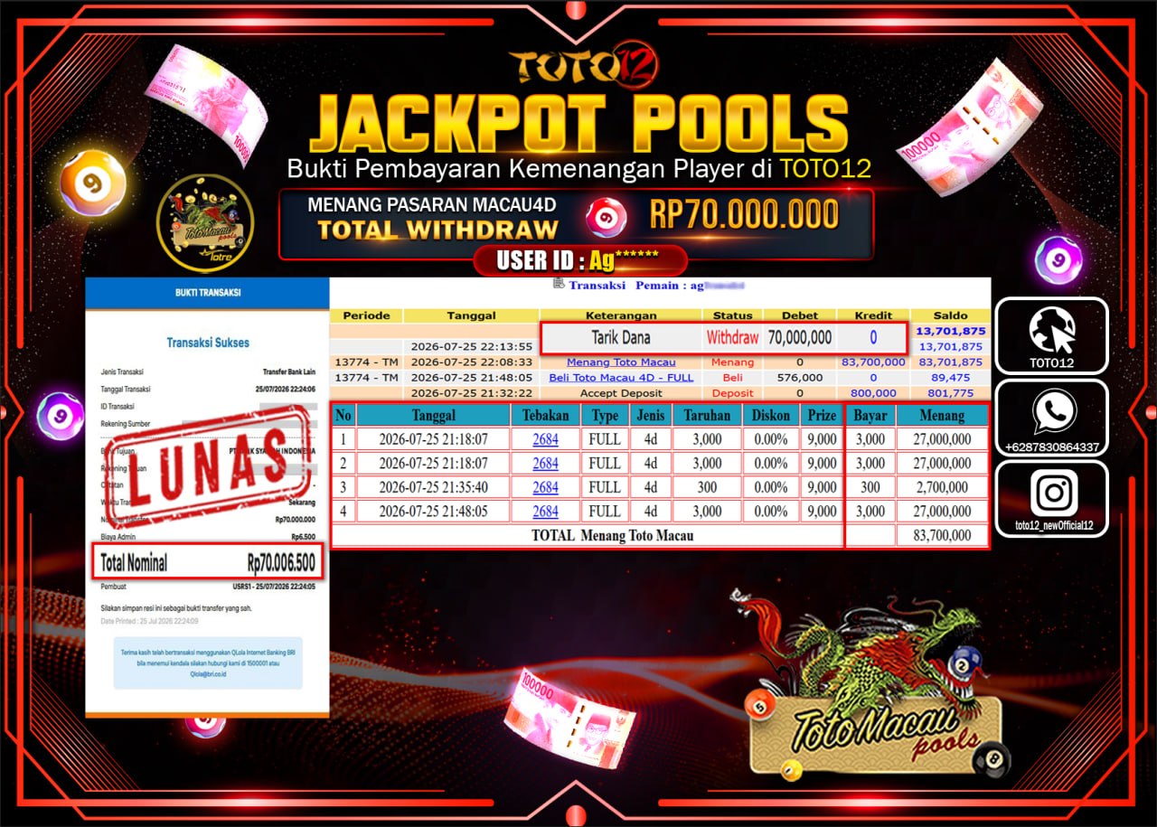 HANYA DI TOTO12 JP PASTI DI BAYAR LUNAS DAN CEPAT!!!!!! JACKPOT POOLS PASARAN (MACAU 4D) Rp70.000.000!!!!