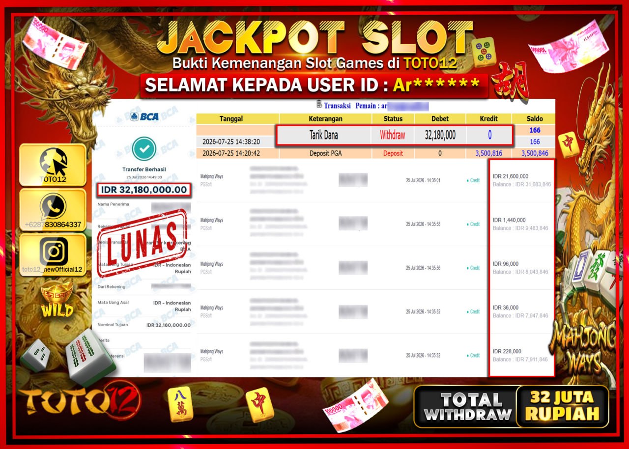 HANYA DI TOTO12 JP PASTI DI BAYAR LUNAS DAN CEPAT!!!!!! JACKPOT SLOT GAME (MAHJONG WAYS) Rp32.180.000!!!!