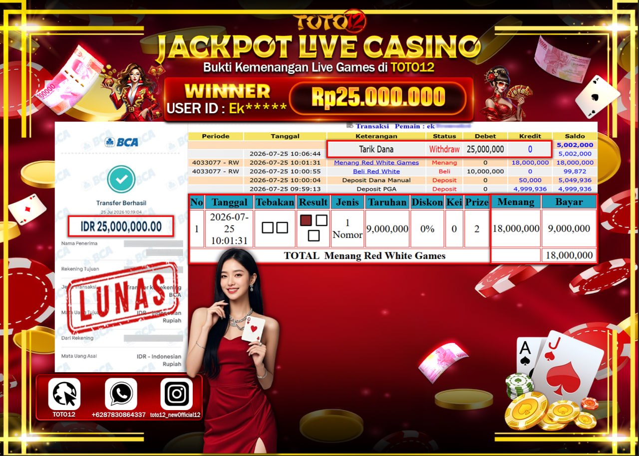 HANYA DI TOTO12 JP PASTI DI BAYAR LUNAS DAN CEPAT!!!!!! JACKPOT  LIVE GAME CASINO (RED WHITE) Rp25.000.000!!!!