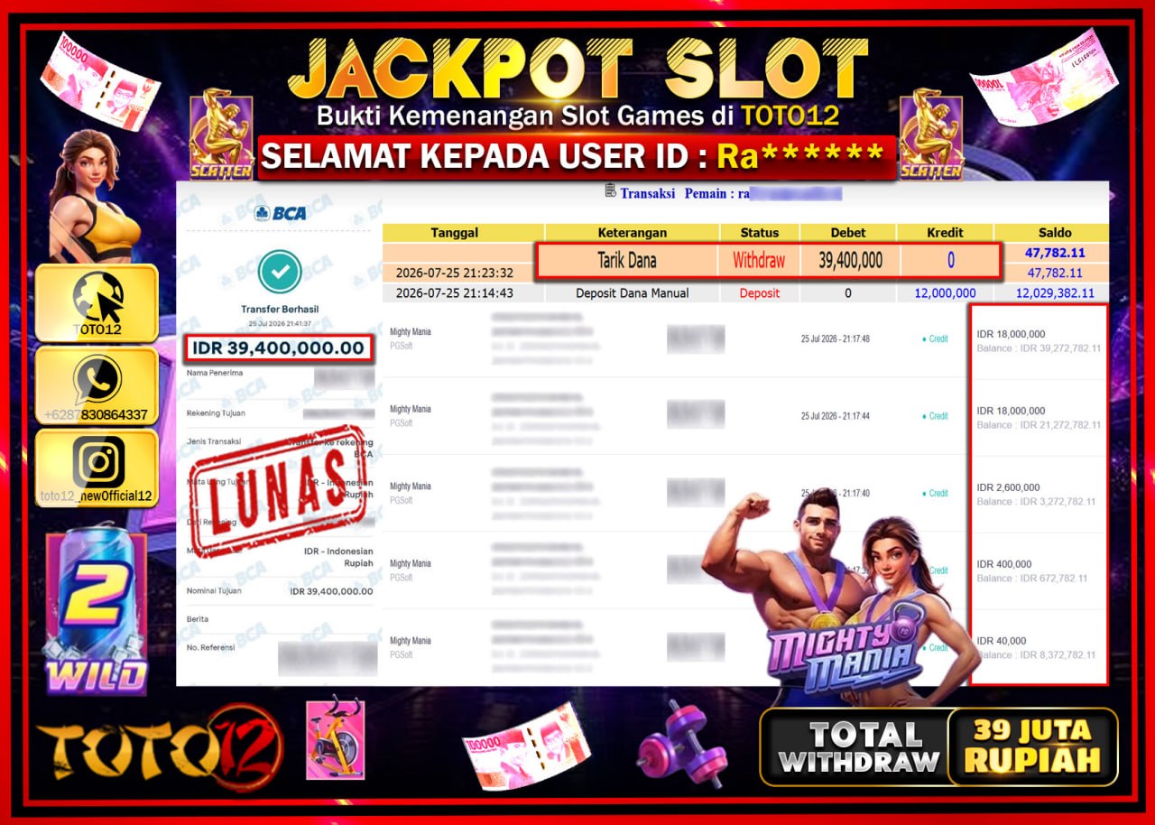 HANYA DI TOTO12 JP PASTI DI BAYAR LUNAS DAN CEPAT!!!!!! JACKPOT SLOT GAME (MIGHTY MANIA) Rp39.400.000!!!!