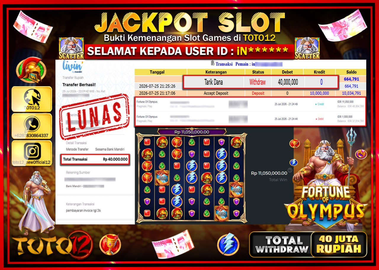 HANYA DI TOTO12 JP PASTI DI BAYAR LUNAS DAN CEPAT!!!!!! JACKPOT SLOT GAME (FORTUNE OF OLYMPUS) Rp40.000.000!!!!