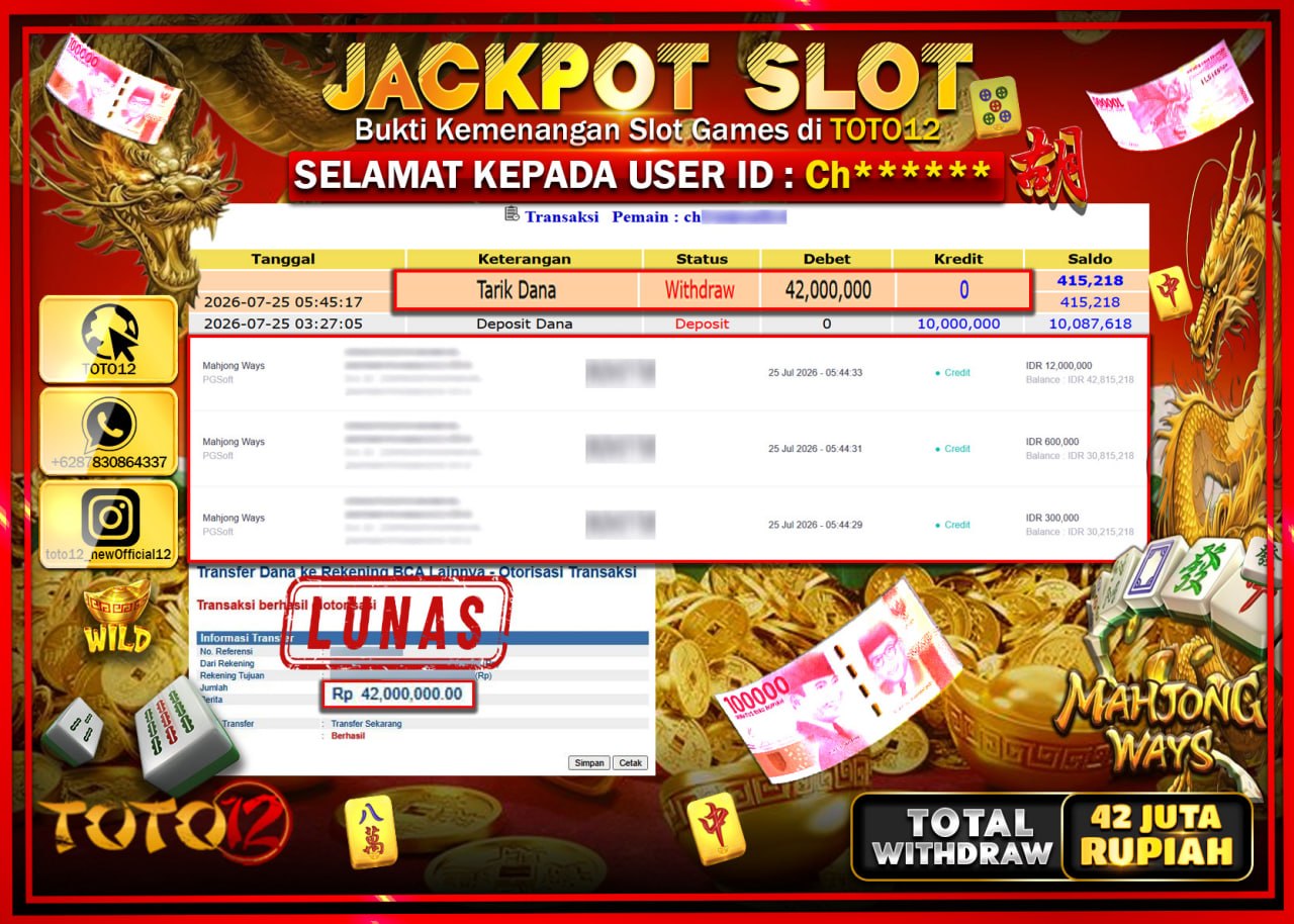 HANYA DI TOTO12 JP PASTI DI BAYAR LUNAS DAN CEPAT!!!!!! JACKPOT SLOT GAME (MAHJONG WAYS) Rp42.000.000!!!!