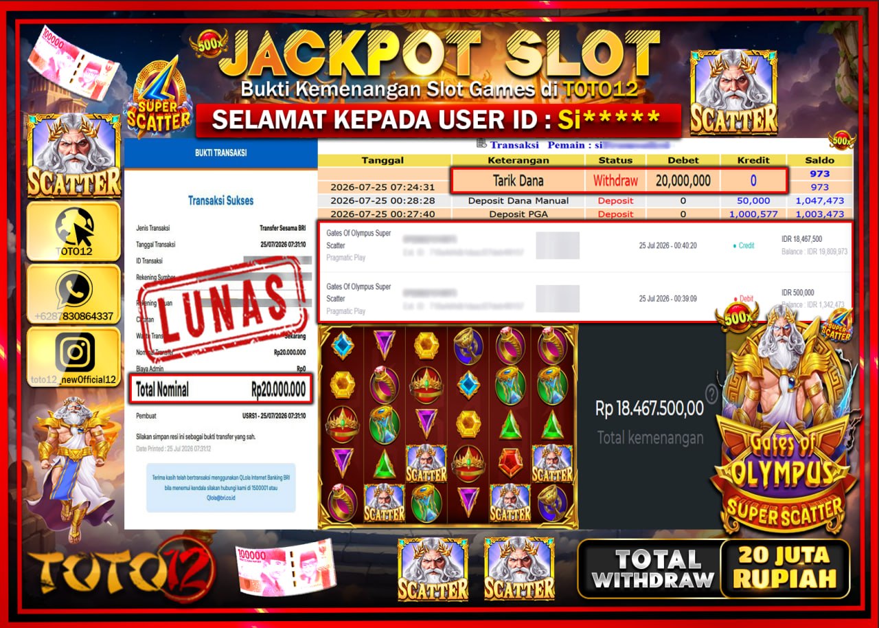 HANYA DI TOTO12 JP PASTI DI BAYAR LUNAS DAN CEPAT!!!!!! JACKPOT SLOT GAME (GATES OF OLYMPUS SUPER SCATTER) Rp20.000.000!!!!