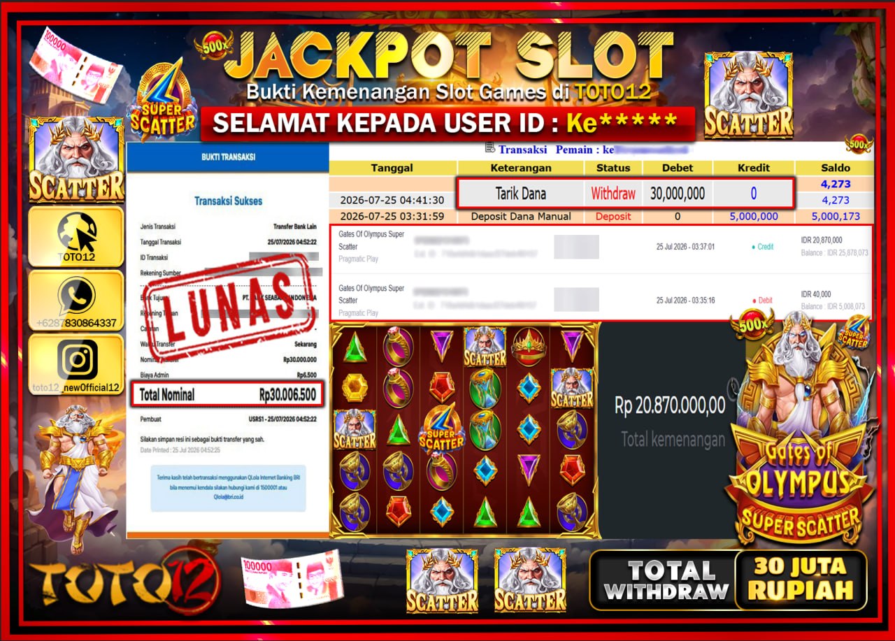 HANYA DI TOTO12 JP PASTI DI BAYAR LUNAS DAN CEPAT!!!!!! JACKPOT SLOT GAME (GATES OF OLYMPUS SUPER SCATTER) Rp30.000.000!!!!