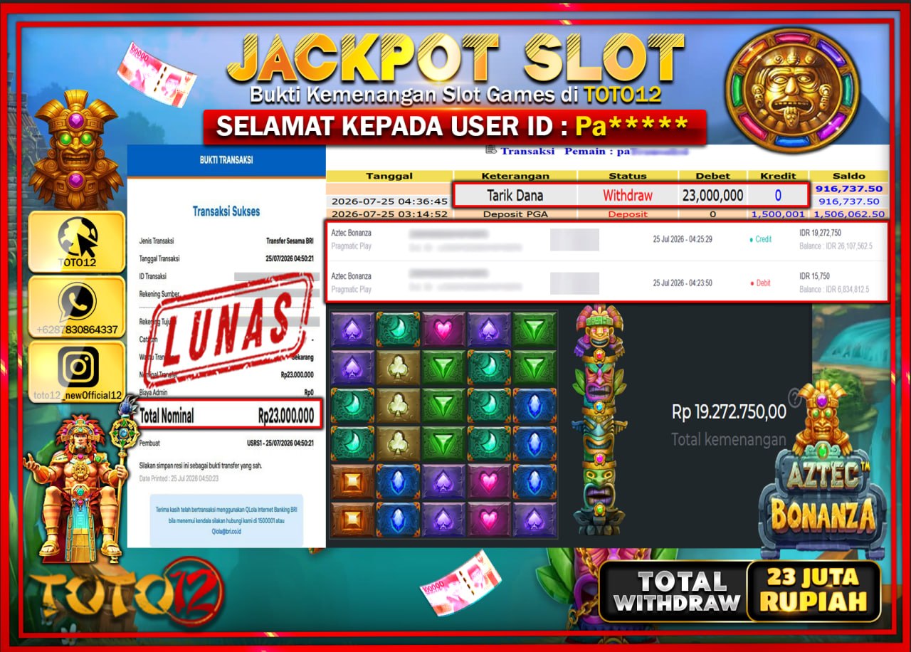 HANYA DI TOTO12 JP PASTI DI BAYAR LUNAS DAN CEPAT!!!!!! JACKPOT SLOT GAME (AZTEC BONANZA) Rp23.000.000!!!!