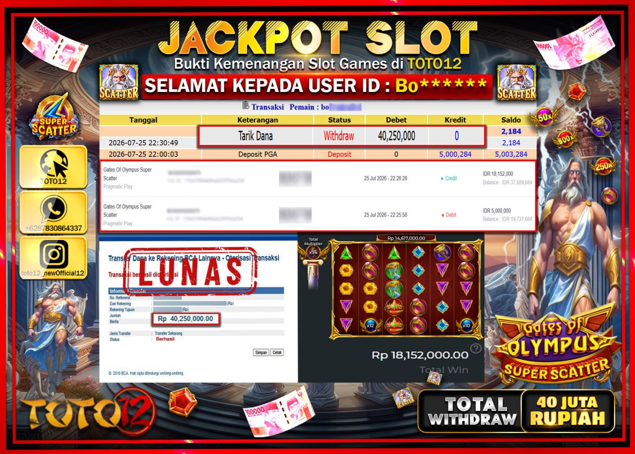 HANYA DI TOTO12 JP PASTI DI BAYAR LUNAS DAN CEPAT!!!!!! JACKPOT SLOT GAME (GATES OF OLYMPUS SUPER SCATTER) Rp40.250.000!!!!