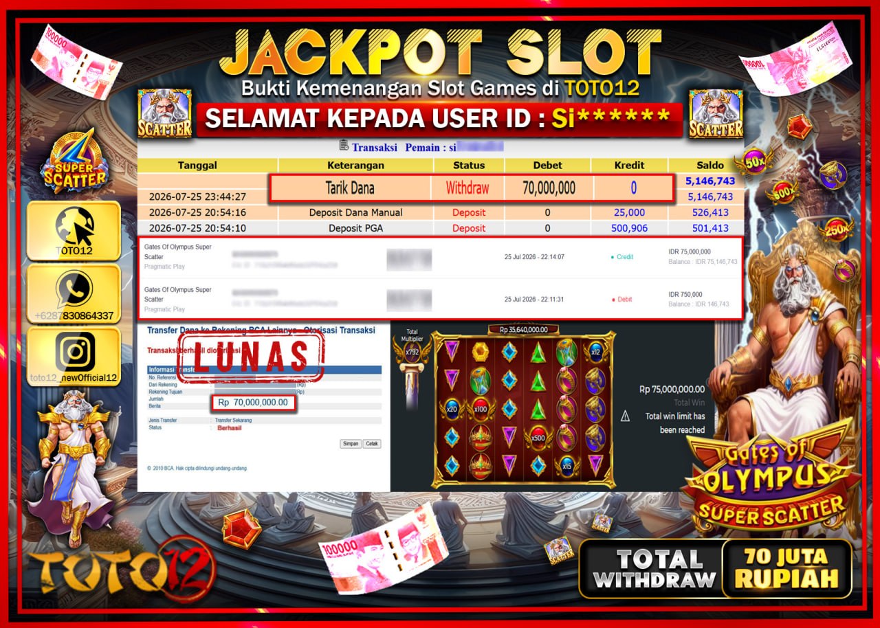HANYA DI TOTO12 JP PASTI DI BAYAR LUNAS DAN CEPAT!!!!!! JACKPOT SLOT GAME (GATES OF OLYMPUS SUPER SCATTER) Rp70.000.000!!!!