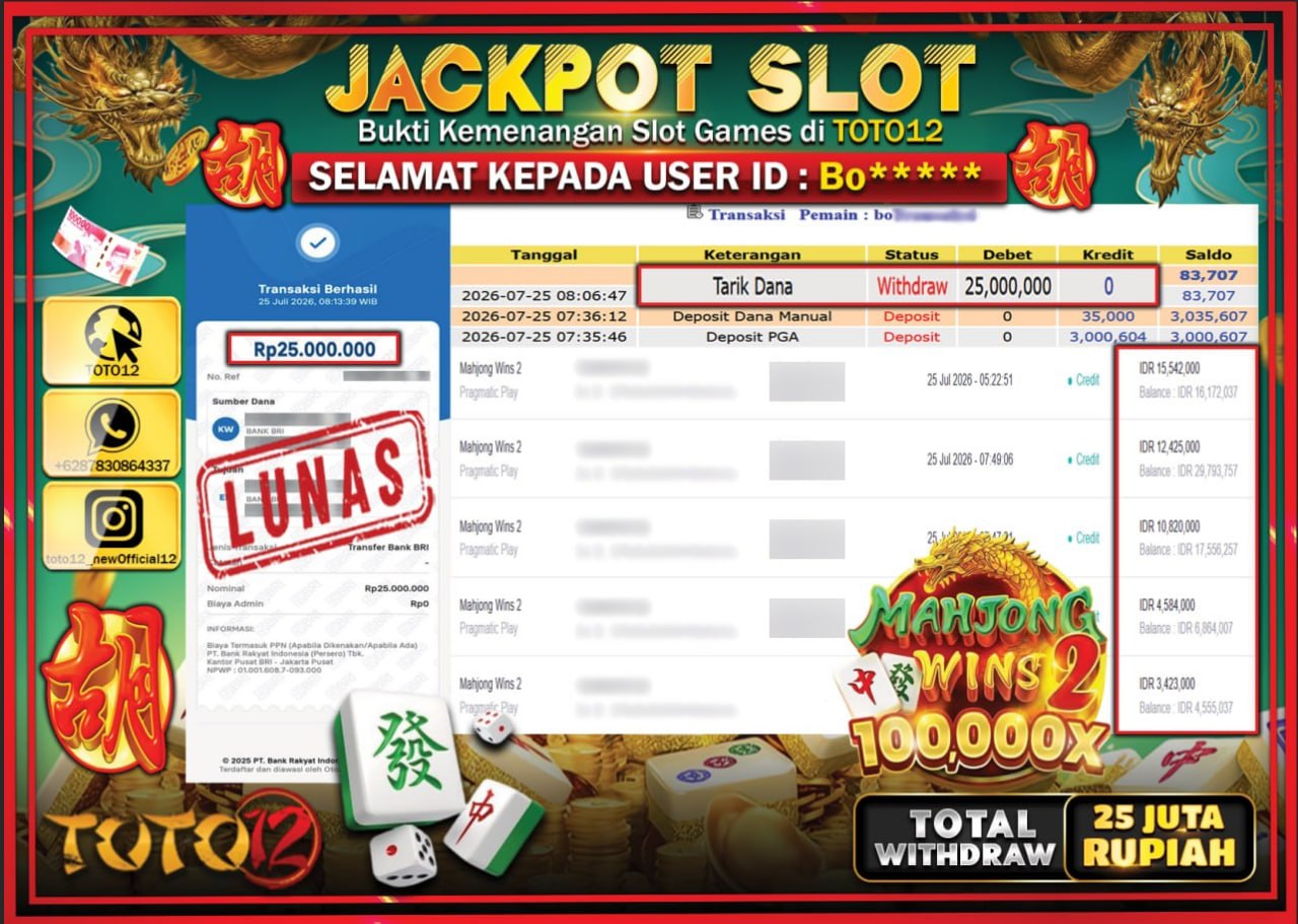 HANYA DI TOTO12 JP PASTI DI BAYAR LUNAS DAN CEPAT!!!!!! JACKPOT SLOT GAME (MAHJONG WINS 2) Rp25.000.000!!!!