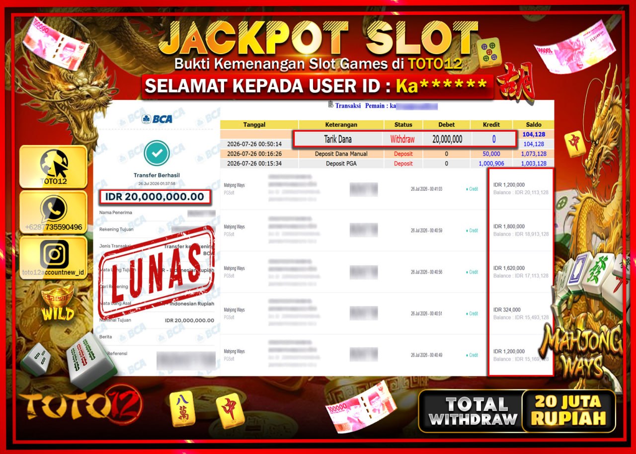 HANYA DI TOTO12 JP PASTI DI BAYAR LUNAS DAN CEPAT!!!!!! JACKPOT SLOT GAME (MAHJONG WAYS) Rp20.000.000!!!!