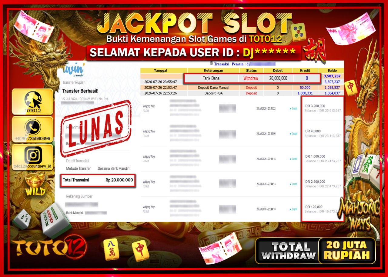 HANYA DI TOTO12 JP PASTI DI BAYAR LUNAS DAN CEPAT!!!!!! JACKPOT SLOT GAME (MAHJONG WAYS) Rp20.000.000!!!!