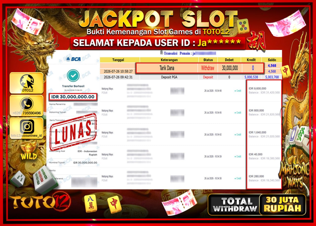 HANYA DI TOTO12 JP PASTI DI BAYAR LUNAS DAN CEPAT!!!!!! JACKPOT SLOT GAME (MAHJONG WAYS) Rp30.000.000!!!!