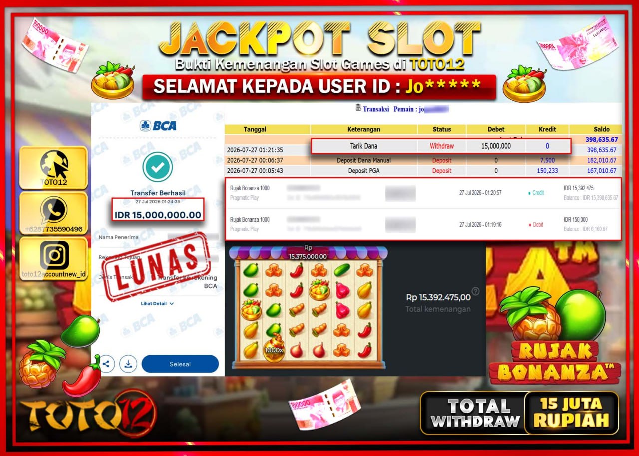 HANYA DI TOTO12 JP PASTI DI BAYAR LUNAS DAN CEPAT!!!!!! JACKPOT SLOT GAME (RUJAK BONANZA) Rp15.000.000!!!!
