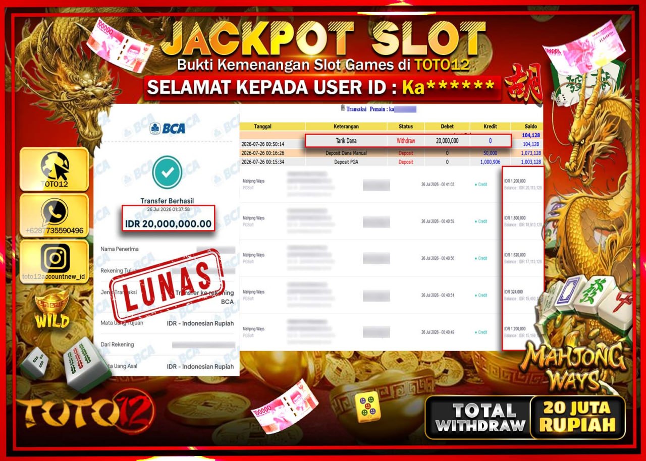 HANYA DI TOTO12 JP PASTI DI BAYAR LUNAS DAN CEPAT!!!!!! JACKPOT SLOT GAME (MAHJONG WAYS) Rp20.000.000!!!!