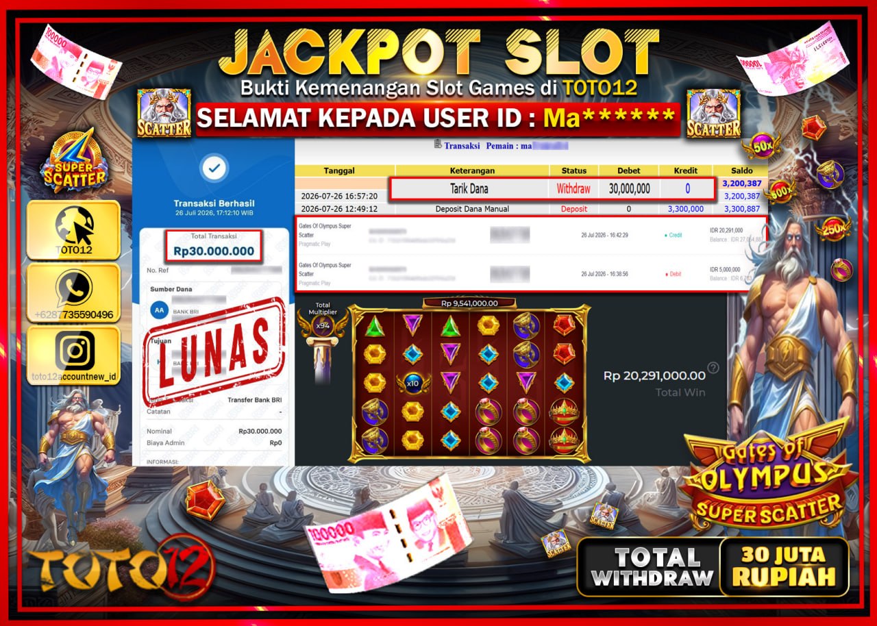 HANYA DI TOTO12 JP PASTI DI BAYAR LUNAS DAN CEPAT!!!!!! JACKPOT SLOT GAME (GATES OF OLYMPUS SUPER SCATTER) Rp30.000.000!!!!